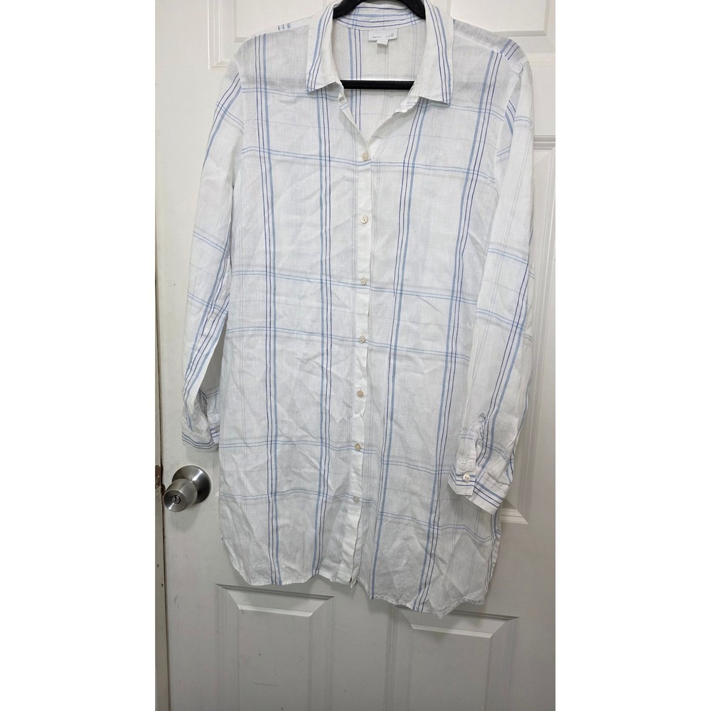 J. Jill Love Linen Plaid Tunic Shirt Women L White Blue Button Down Long Sleeve